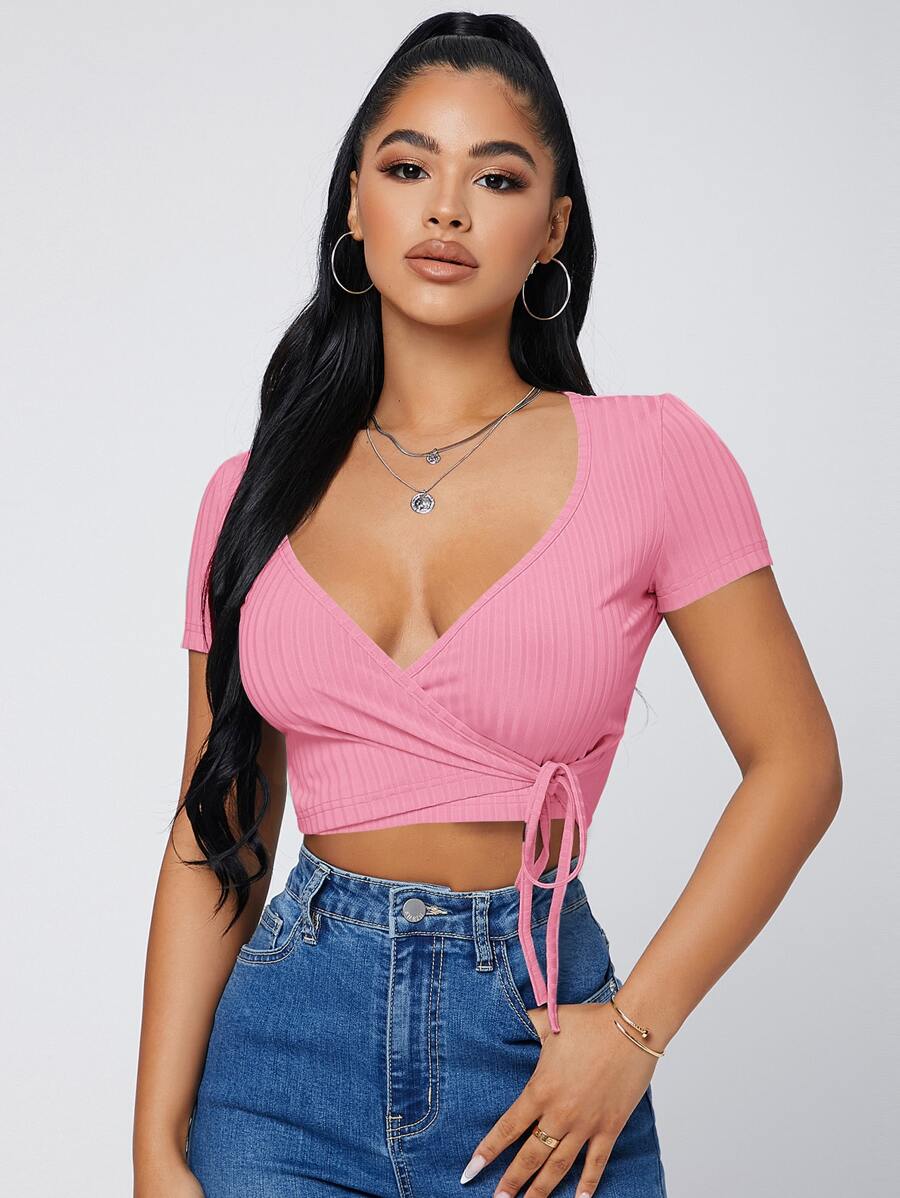 SHEIN SXY Áo thun nữ Trọn gói Gân đan Thắt nơ trước màu trơn Gợi cảm - Hồng - Xem 1