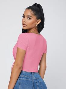 SHEIN SXY Áo thun nữ Trọn gói Gân đan Thắt nơ trước màu trơn Gợi cảm - Hồng - Xem 2