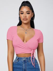 SHEIN SXY Áo thun nữ Trọn gói Gân đan Thắt nơ trước màu trơn Gợi cảm - Hồng - Xem 3