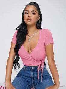 SHEIN SXY Áo thun nữ Trọn gói Gân đan Thắt nơ trước màu trơn Gợi cảm - Hồng - Xem 4