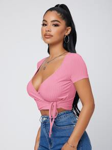 SHEIN SXY Áo thun nữ Trọn gói Gân đan Thắt nơ trước màu trơn Gợi cảm - Hồng - Xem 5