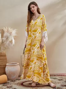 Al Najma Rhinestone Tape Neckline Fringe Cuff Tropical Print Kaftan - Multicolor - View 1