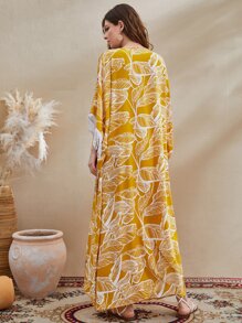 Al Najma Rhinestone Tape Neckline Fringe Cuff Tropical Print Kaftan - Multicolor - View 2