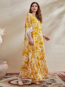 Al Najma Rhinestone Tape Neckline Fringe Cuff Tropical Print Kaftan - Multicolor - View 3