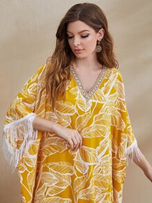 Al Najma Rhinestone Tape Neckline Fringe Cuff Tropical Print Kaftan - Multicolor - View 4
