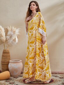 Al Najma Rhinestone Tape Neckline Fringe Cuff Tropical Print Kaftan - Multicolor - View 5