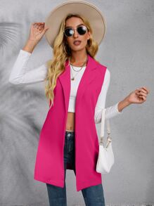Chiquease Solid Lapel Collar Open Front Vest Blazer - Hot Pink - View 1
