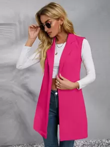 Chiquease Solid Lapel Collar Open Front Vest Blazer - Hot Pink - View 5