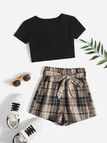 SHEIN Bộ hai mảnh Gái Thắt lưng Thắt nơ trước Quần paper-bag Sọc ca rô Giải trí - Nhiều màu - Xem 1