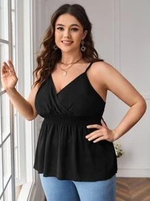 Rynkad Slätt Enkel Plus Size Linne & Cami - Svart - Visa 1