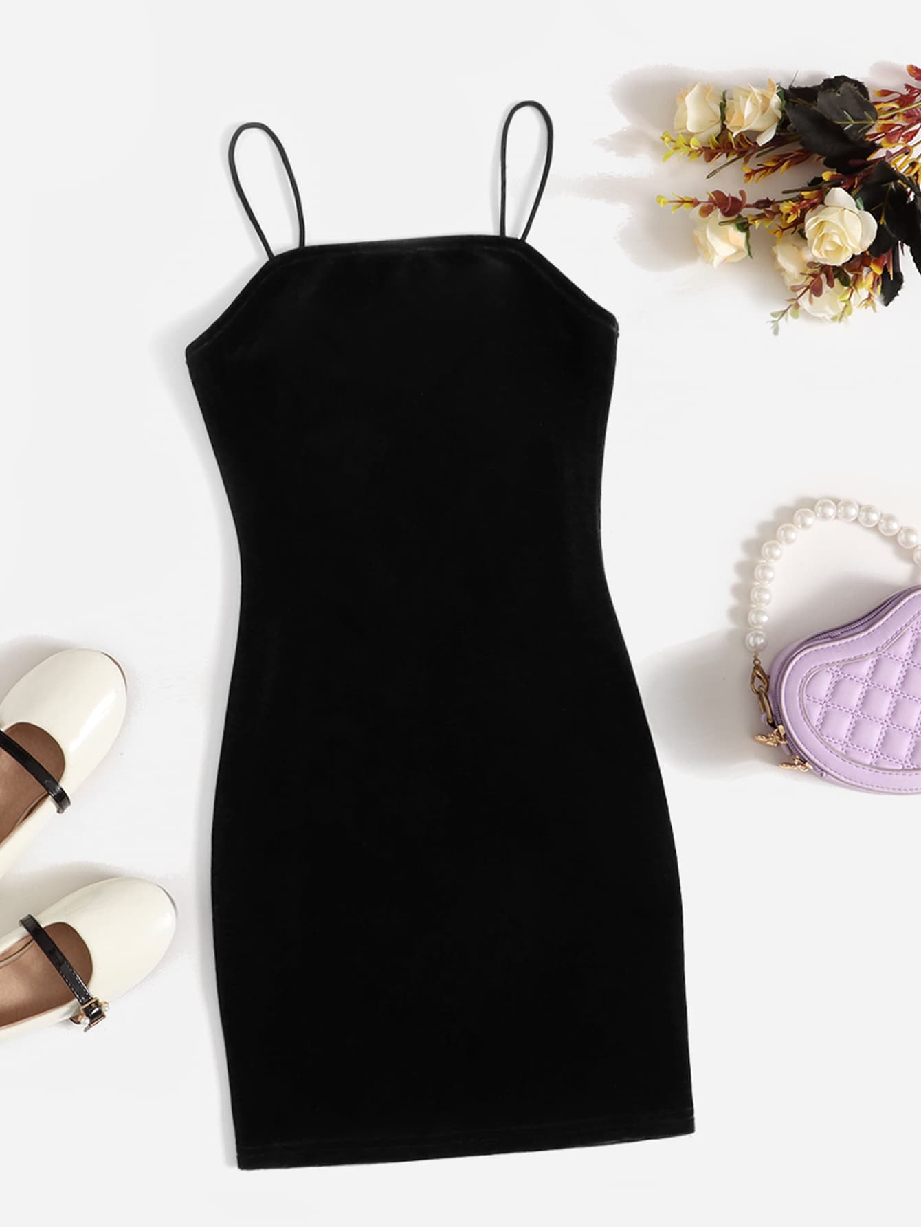 SHEIN Vestido De Veludo Feminino Adolescente, Cor Sólida E Justo Ao Corpo