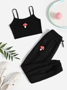 SHEIN Leap Crew 孩童女生蘑菇印花雙肩上衣和束腰運動長褲 - 黑色 - 查看 1