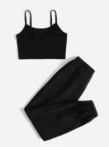 SHEIN Leap Crew 孩童女生蘑菇印花雙肩上衣和束腰運動長褲 - 黑色 - 查看 2