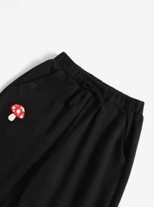 SHEIN Leap Crew 孩童女生蘑菇印花雙肩上衣和束腰運動長褲 - 黑色 - 查看 3