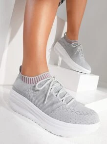 Cuccoo 拼接邊繫帶裝飾針織搖擺鞋 - 灰色 - 查看 2