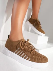 Cuccoo Striped Knit Lace-up Front Sneakers - Brown - View 4