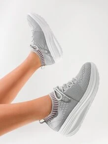 Cuccoo 拼接邊繫帶裝飾針織搖擺鞋 - 灰色 - 查看 4