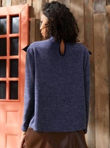 SHEIN VCAY כפתור שרוך ניגוד קפל פשוט אלגנטי חולצת טי - כחול - ראה 2
