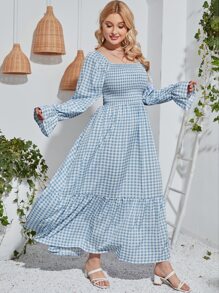 Plus Gingham Print Shirred Flounce Sleeve Ruffle Hem Dress - Baby Blue - View 2