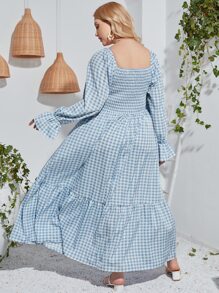 Plus Gingham Print Shirred Flounce Sleeve Ruffle Hem Dress - Baby Blue - View 3