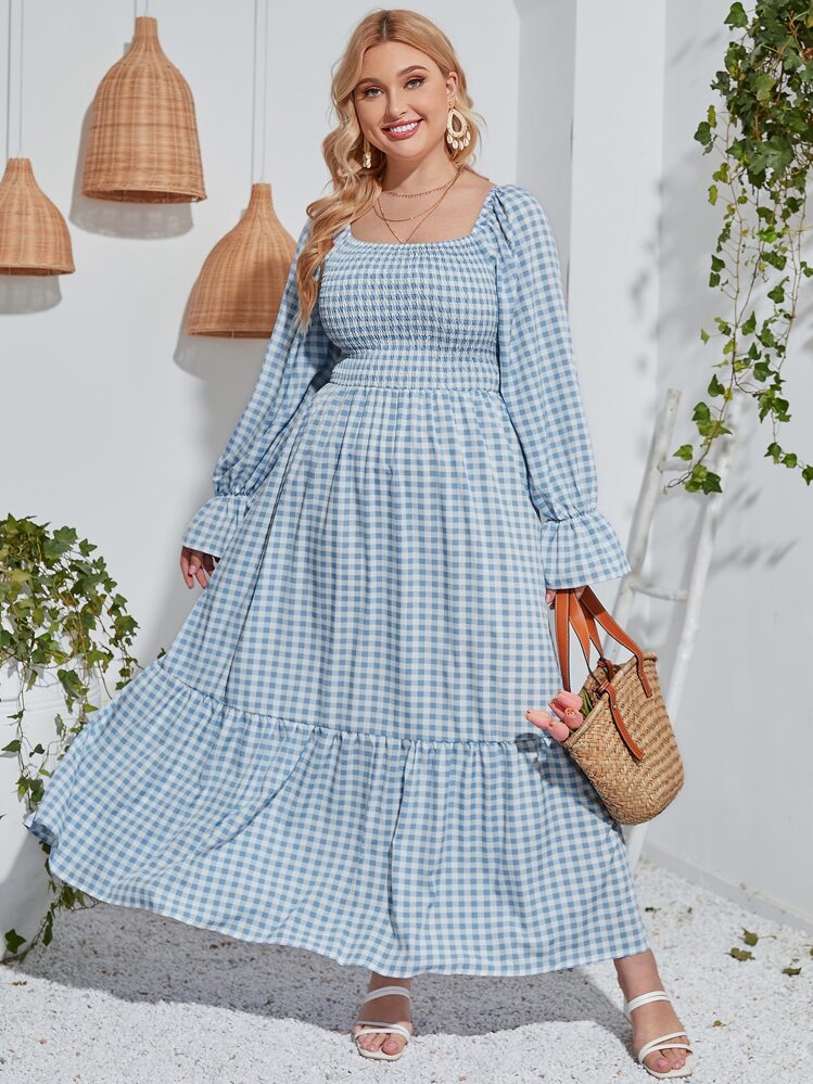 大碼格子圖案打褶荷葉袖荷葉邊連衣裙 - 淺藍色 - 查看 1