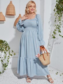 Plus Gingham Print Shirred Flounce Sleeve Ruffle Hem Dress - Baby Blue - View 4