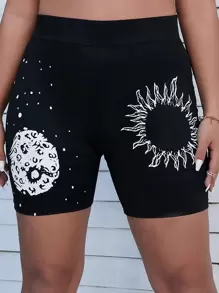 SHEIN EZwear Plus Sun & Planet Print Cycling Shorts - Black - View 1
