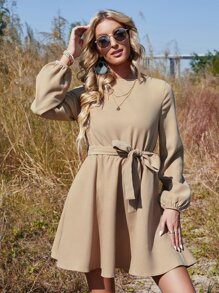 Lantern Sleeve Belted Dress - Khaki - View 1