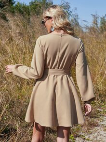 Lantern Sleeve Belted Dress - Khaki - View 2