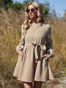 Lantern Sleeve Belted Dress - Khaki - View 5