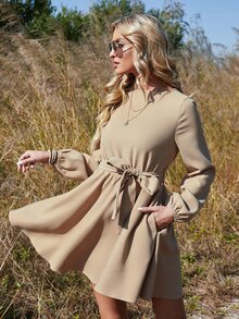 Lantern Sleeve Belted Dress - Khaki - View 6