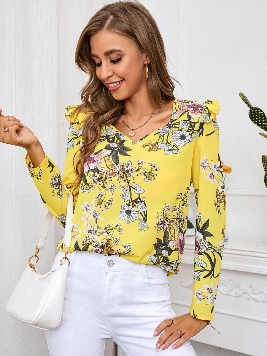 SHEIN Clasi Blusa con estampado floral ribete con fruncido