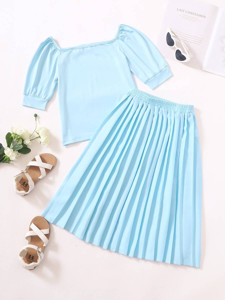 Bộ hai mảnh Gái Dải chun màu trơn Giải trí - Màu xanh nhạt - Xem 1