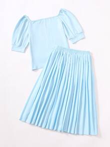 Bộ hai mảnh Gái Dải chun màu trơn Giải trí - Màu xanh nhạt - Xem 2