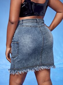 SHEIN SXY 大碼高腰紐扣門襟雙口袋磨損邊牛仔半身裙 - 中等水洗藍 - 查看 2