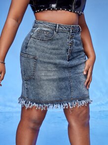 SHEIN SXY 大碼高腰紐扣門襟雙口袋磨損邊牛仔半身裙 - 中等水洗藍 - 查看 3