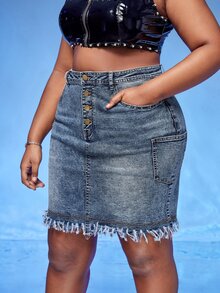 SHEIN SXY 大碼高腰紐扣門襟雙口袋磨損邊牛仔半身裙 - 中等水洗藍 - 查看 4