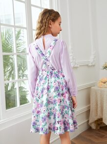 SHEIN Girls Tie Front Keyhole Back Top & Floral Print Overall Dress Set - Multicolor - View 2