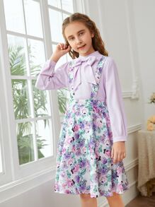 SHEIN Girls Tie Front Keyhole Back Top & Floral Print Overall Dress Set - Multicolor - View 3