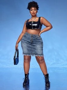 SHEIN SXY 大碼高腰紐扣門襟雙口袋磨損邊牛仔半身裙 - 中等水洗藍 - 查看 5