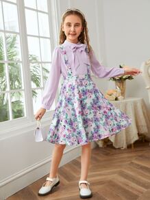 SHEIN Girls Tie Front Keyhole Back Top & Floral Print Overall Dress Set - Multicolor - View 4