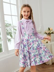 SHEIN Girls Tie Front Keyhole Back Top & Floral Print Overall Dress Set - Multicolor - View 5