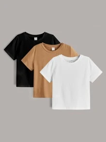 SHEIN Chàng trai trẻ 3 cái/bộ Đơn giản Đúng mốt Thoải mái Cổ điển Vòng cổ Áo thun - Nhiều màu - Xem 1