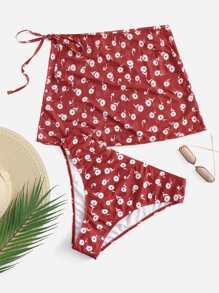 Plus Ditsy Floral Print Bikini Bottom With Beach Skirt - Multicolor - View 1