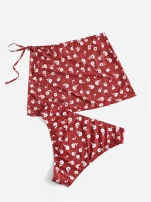 Plus Ditsy Floral Print Bikini Bottom With Beach Skirt - Multicolor - View 2