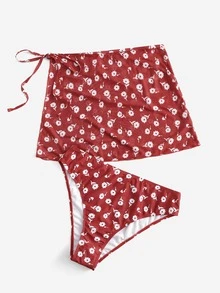 Plus Ditsy Floral Print Bikini Bottom With Beach Skirt - Multicolor - View 3