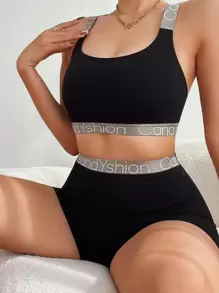 Seamless Letter Tape Bra & Boyshorts Lingerie Set Sports - Black - View 3