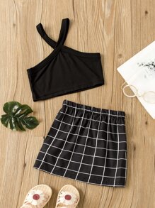 SHEIN 小女童網格線條紋開衩短裙和掛脖上衣 - 黑色 - 查看 2