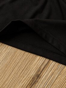 SHEIN 小女童網格線條紋開衩短裙和掛脖上衣 - 黑色 - 查看 5