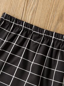 SHEIN 小女童網格線條紋開衩短裙和掛脖上衣 - 黑色 - 查看 6